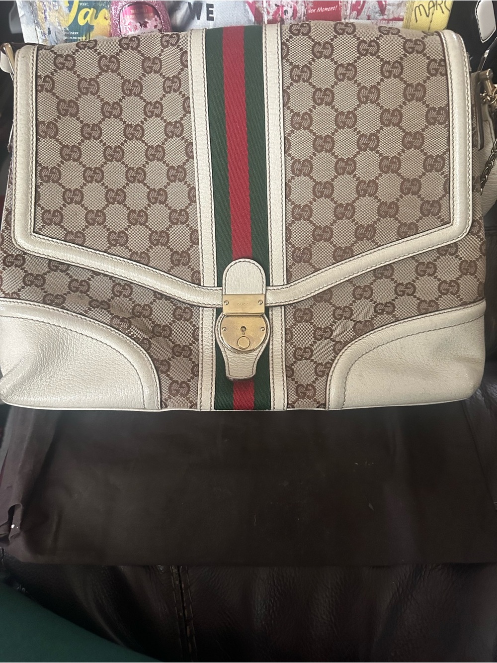 Gucci Beige Treasure Flap Bag with Green and Red Stripe